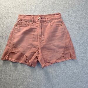 American Eagle Pink Distressed Denim Shorts High Waisted Frayed Hem Size 00